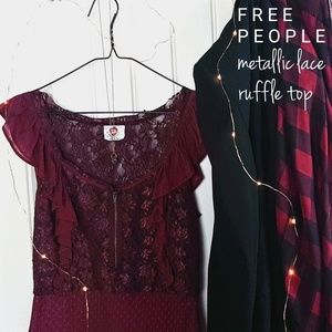 Free People Metallic Lace Ruffle Half Zip Top